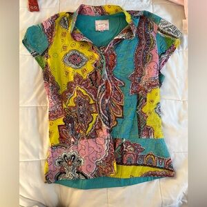 Lula Kate Colorful Patchwork Short Sleeve Blouse 100% cotton size 8